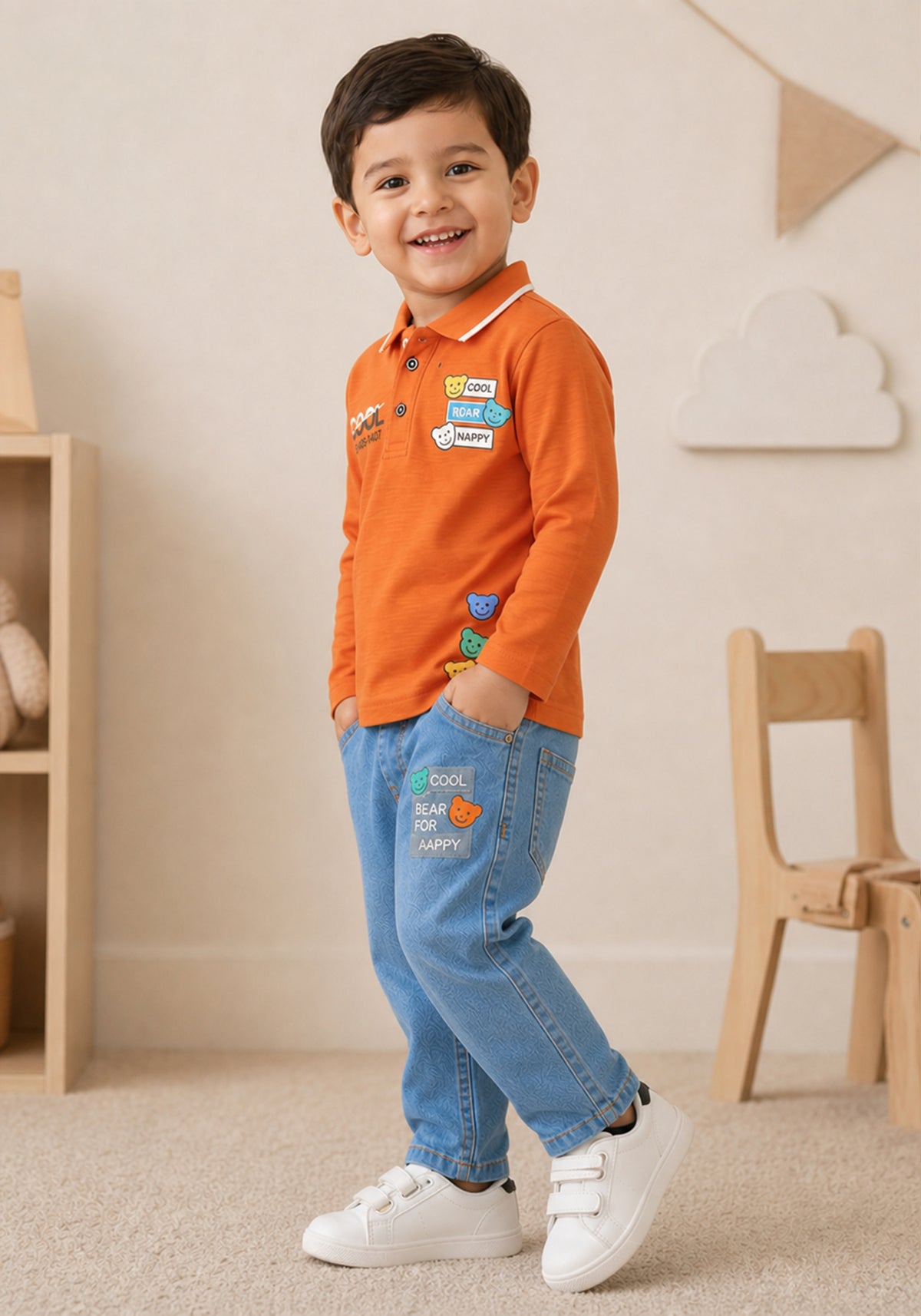 Toddler Orange Polo Shirt & Denim Jeans Co-Ord Set