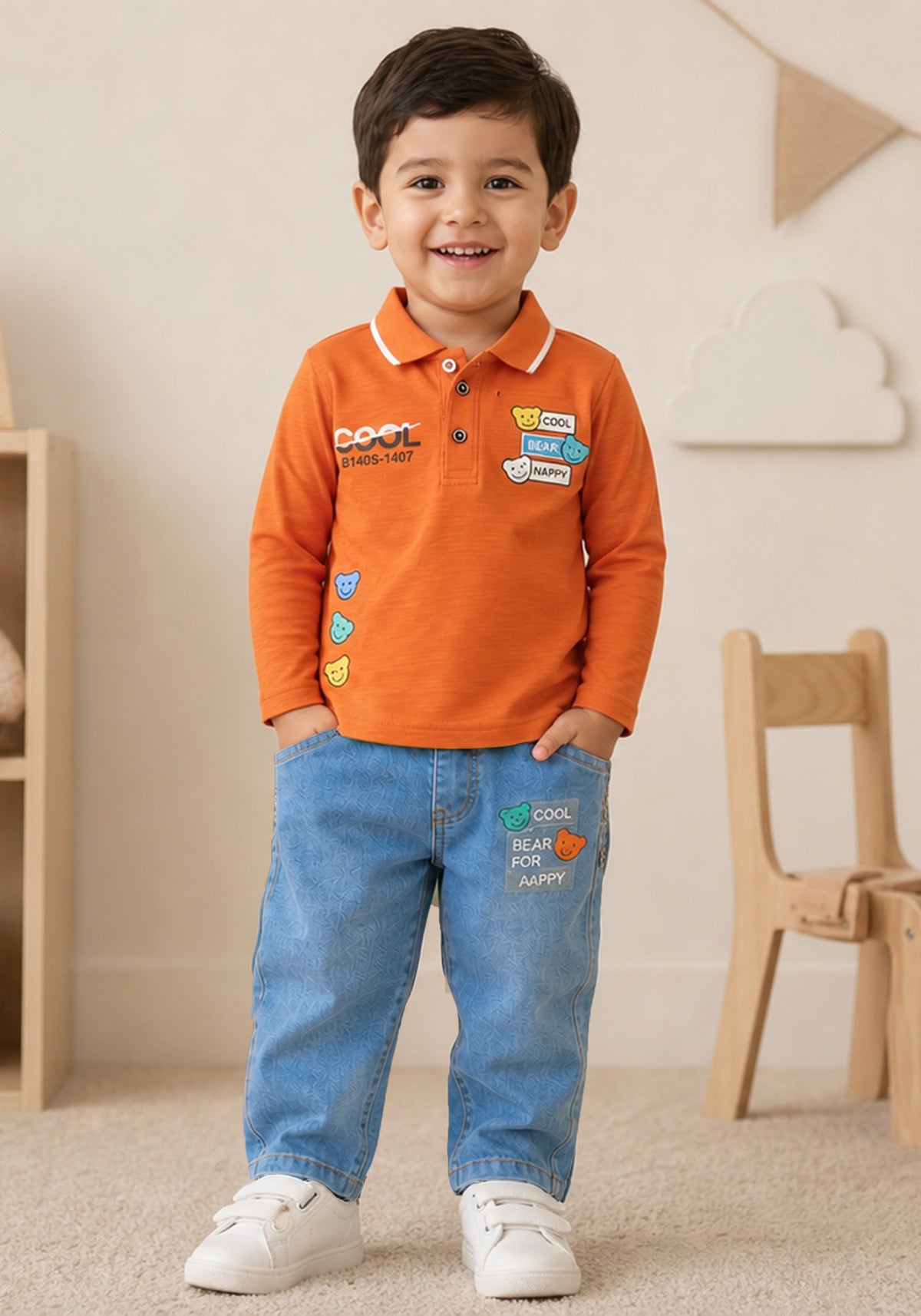 Toddler Orange Polo Shirt & Denim Jeans Co-Ord Set